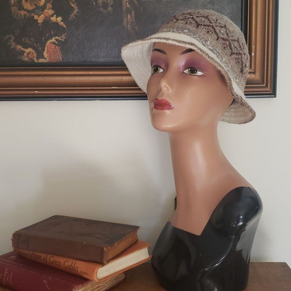 Bucket Hat Grandmacore Y2K Farmcore Fair Isle Knit Women's Tan Gray